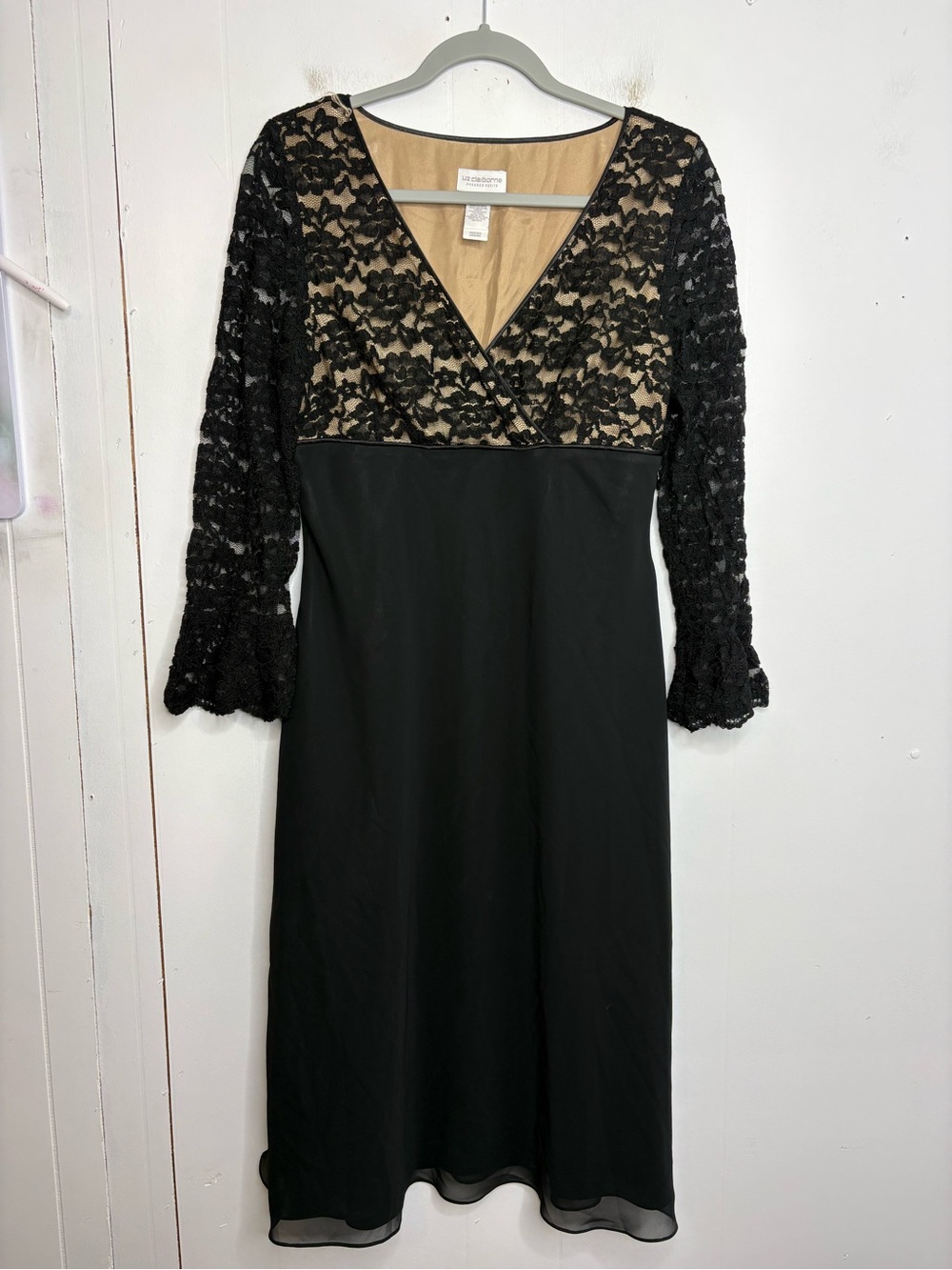 Liz Claiborne Dress Womens Y2K Bell Sleeve Surplice Lace Floral Empire Waist